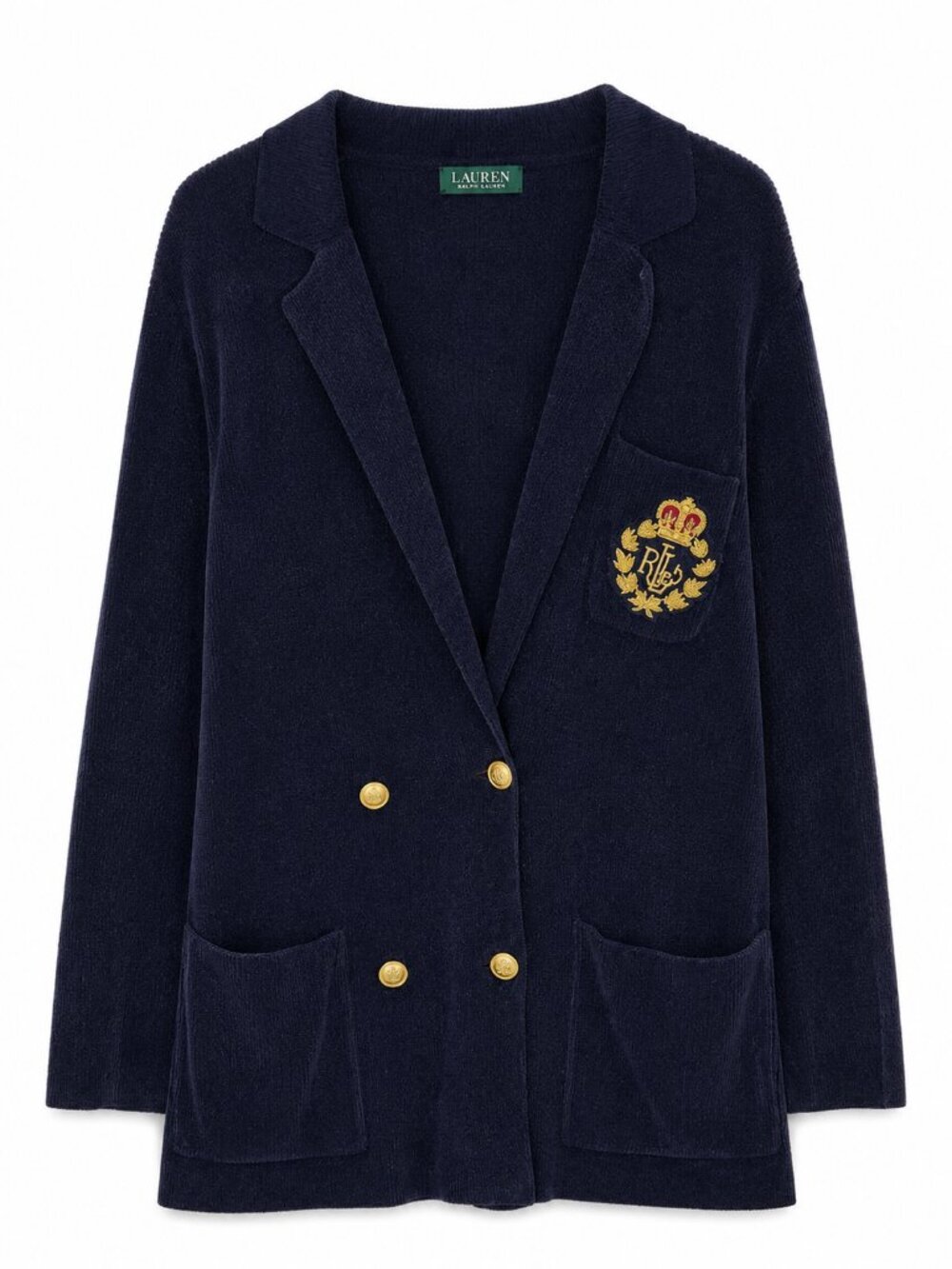 Vintage Ralph Lauren Crest Knit Blazer Cardigan Navy Blue Gold Buttons Sweater